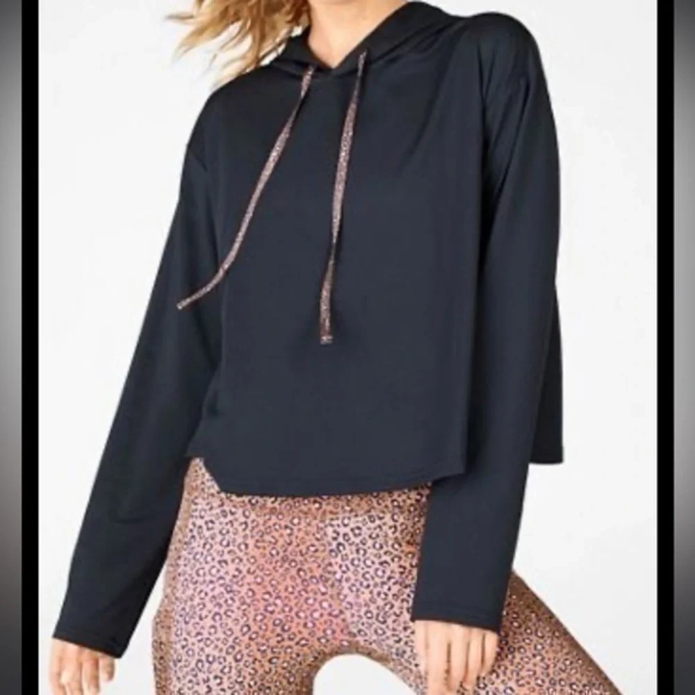 Kaia Cropped Hoodie Fabletics Color: Black/Micro Leopard Medium